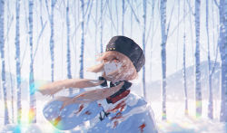 Rule 34 | 1girl, ankodesoy, black hat, blood, blood on clothes, blood on face, blue shawl, brown hair, day, fur hat, hair ornament, hair ribbon, hairclip, hat, kantai collection, long hair, mountain, outdoors, papakha, ribbon, scarf, shawl, signature, snow, snowing, solo, star (symbol), tashkent (kancolle), torn clothes, torn scarf, tree, white scarf