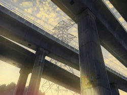 Rule 34 | blue sky, bridge, cloud, cloudy sky, commentary, day, english commentary, highres, mclelun, no humans, original, power lines, railing, scenery, sky, transmission tower, twilight
