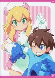 Rule 34 | 1boy, 1girl, :t, absurdres, artbook, bandaged arm, bandages, blonde hair, blue bodysuit, blue eyes, blue gloves, blush, bodysuit, border, brother and sister, buttons, cowboy shot, damaged, double-breasted, dress, gloves, green eyes, hair between eyes, hands up, hat, unworn headwear, helmet, unworn helmet, highres, holding, inou shin, joints, long hair, mega man (character), mega man (series), non-web source, nurse, nurse cap, one eye closed, page number, parted bangs, pink background, pink dress, pout, puffy short sleeves, puffy sleeves, robot joints, roll (mega man), shadow, short dress, short hair, short sleeves, siblings, sitting, standing, teeth, thighs, upper body, v-shaped eyebrows, white border, white gloves