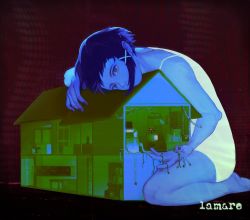 Rule 34 | 1girl, artist name, asymmetrical hair, black background, bright pupils, doll house, dress, hair ornament, highres, iwakura lain, la mare69, limited palette, looking at viewer, serial experiments lain, short hair, simple background, single sidelock, solo, white dress, white pupils, x hair ornament