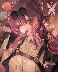Rule 34 | 1girl, bug, butterfly, cup, drinking glass, earrings, eyewear on head, gloves, highres, honkai: star rail, honkai (series), hourglass, ichigowarano, insect, jewelry, kafka (honkai: star rail), long hair, long sleeves, multicolored eyes, multiple earrings, parted lips, pink butterfly, pink eyes, purple hair, red eyes, shirt, solo, sticker on face, sunglasses, white shirt, wine glass