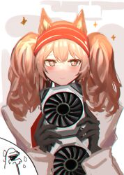 Rule 34 | 1girl, 1other, 360 (taiyo360), angelina (arknights), animal ears, arknights, black gloves, blush, brown hair, chromatic aberration, coat, cross in eye, earpiece, fox ears, fox girl, gloves, graphics card, hairband, highres, holding, inset, medium hair, micro star international, no nose, red eyes, red hairband, simple background, sparkle, striped clothes, striped hairband, sweatdrop, twintails, two-tone hairband, white coat