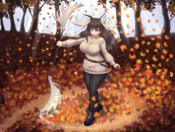 Rule 34 | 1girl, alternate costume, animal ears, antlers, autumn, autumn leaves, belt, boots, breasts, brown eyes, brown hair, dress, highres, holding, holding polearm, holding weapon, horns, kemono friends, large breasts, light rays, long hair, longhorn lance, mo23, moose (kemono friends), moose ears, moose girl, moose tail, pants, polearm, sandstar, smile, solo, sunbeam, sunlight, sweater, sweater dress, tail, tree, weapon, zipper footwear