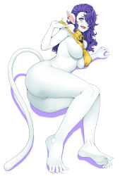 Rule 34 | 1girl, :d, absurdres, aqua eyes, ass, barefoot, blush, bottomless, breasts, claws, colored skin, curly hair, earrings, covered erect nipples, fangs, hair over one eye, highres, jewelry, long hair, lying, nekomata (megami tensei), no pussy, on side, open mouth, pointy ears, purple hair, shin megami tensei, smile, solo, tail, underboob, white skin, whoosaku