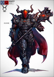 Rule 34 | 1other, ambiguous gender, armor, armored boots, boots, breastplate, cape, full armor, full body, gauntlets, glowing, glowing eyes, grey background, holding, holding weapon, horns, k-suwabe, looking at viewer, minotaur, original, power armor, red cape, simple background, solo, taurus (symbol), taurus (zodiac), two-sided cape, two-sided fabric, walking, weapon, zodiac