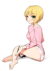 Rule 34 | 1girl, ass, asymmetrical hair, bad id, bad twitter id, barefoot, black panties, blonde hair, blush, breasts, clothes pull, eyelashes, feet, green eyes, highres, hip focus, idolmaster, idolmaster cinderella girls, jewelry, legs, looking to the side, medium breasts, miyamoto frederica, necklace, omaru gyuunyuu, panties, panty pull, parted lips, pink shirt, pink skirt, shirt, short hair, simple background, sitting, skirt, skirt pull, smile, soles, solo, thighs, toes, underwear, white background