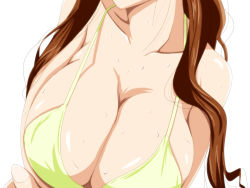 Rule 34 | 10s, 1girl, bare arms, bare shoulders, bikini, bikini top only, breast hold, breasts, brown hair, cleavage, close-up, crossed arms, dragon crisis!, head out of frame, huge breasts, long hair, nanao eriko, simple background, solo, sweat, swimsuit, tsubooi, upper body, white background, yellow bikini