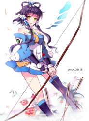 Rule 34 | 1girl, arrow (projectile), asymmetrical legwear, bow (weapon), detached sleeves, fingerless gloves, g.h (gogetsu), gloves, gogetu, hair rings, hair tubes, luo tianyi, mismatched legwear, short hair with long locks, solo, vocaloid, weapon