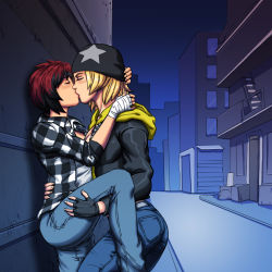 Rule 34 | 2girls, absurdres, blonde hair, dead or alive, dead or alive 5, highres, kiss, leg grab, mila (doa), multiple girls, night, night sky, outdoors, red hair, road, sky, street, tina armstrong, yuri