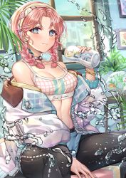 Rule 34 | arknights, bare shoulders, between legs, black pants, blue eyes, blue nails, blue poison (arknights), blue poison (shoal beat) (arknights), blush, bottle, breasts, character name, earrings, fish, fish tank, hairband, hand between legs, highres, holding, holding bottle, indoors, jacket, jewelry, long hair, looking at viewer, medium breasts, nail polish, nyamaso, off shoulder, official alternate costume, pants, parted bangs, pink hair, sitting, solo, sports bra, stomach, water, white jacket, window