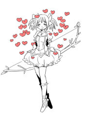 Rule 34 | 1girl, ^ ^, arms behind back, bad id, bad pixiv id, blush, bow (weapon), breasts, bubble skirt, choker, closed eyes, frilled skirt, frills, full body, hair ribbon, happy, heart, holding, holding weapon, kaname madoka, kneehighs, mahou shoujo madoka magica, mahou shoujo madoka magica (anime), monochrome, pink theme, puffy short sleeves, puffy sleeves, ribbon, saji (mei-low), short sleeves, short twintails, simple background, skirt, small breasts, smile, socks, solo, soul gem, spot color, tiptoes, too many, too many hearts, twintails, weapon, white background