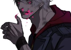 Rule 34 | 1boy, artist name, blood, blood on face, blood on hands, blue eyes, bracelet, clenched teeth, coat, dated, devil may cry, devil may cry (series), devil may cry 4, dmc pa, dripping, hair between eyes, hood, hood down, hoodie, jewelry, looking at viewer, male focus, nero (devil may cry), nosebleed, pink blood, ring, short hair, signature, simple background, solo, teeth, upper body, white background, white hair, wiping face