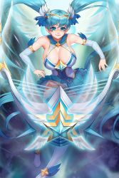 Rule 34 | 1girl, bare shoulders, blue eyes, blue hair, blue panties, breasts, cleavage, etwahl, full body, glowing, gonster, hair ornament, highres, huge breasts, league of legends, long hair, magical girl, nail polish, panties, smile, solo, sona (league of legends), star guardian (league of legends), tagme, thighhighs, thighs, twintails, underwear, very long hair, zettai ryouiki