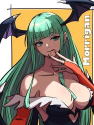 Rule 34 | 1girl, absurdres, ap cammy, black leotard, breasts, character name, clothing cutout, green eyes, green hair, head wings, heart cutout, highres, hime cut, large breasts, leotard, licking lips, long hair, morrigan aensland, naughty face, smile, solo, strapless, strapless leotard, tongue, tongue out, vampire (game), wings