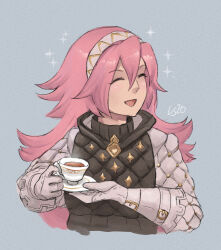 Rule 34 | 1girl, closed eyes, cup, fire emblem, fire emblem fates, gambeson, gloves, hair between eyes, hairband, highres, holding, holding cup, holding plate, kaphrin, long hair, long sleeves, nintendo, open mouth, pink hair, plate, soleil (fire emblem), solo, tea, teacup, upper body