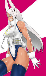 Rule 34 | 1girl, absurdres, animal ears, asha, blue thighhighs, boku no hero academia, breasts, commentary request, covered navel, cowboy shot, dark-skinned female, dark skin, fur collar, gloves, grin, highres, large breasts, leotard, long hair, looking afar, mirko, muscular, muscular female, pink background, rabbit ears, rabbit girl, rabbit tail, red eyes, sidelocks, smile, solo, tail, tan, thighhighs, two-tone background, white background, white gloves, white hair, white leotard