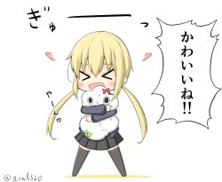 Rule 34 | &gt; &lt;, 1girl, 1other, black thighhighs, blonde hair, blue jacket, chibi, closed eyes, commentary request, full body, goma (yoku yatta hou jane), hug, jacket, kantai collection, long hair, long sleeves, low twintails, miss cloud, one-hour drawing challenge, open mouth, remodel (kantai collection), satsuki (kancolle), simple background, smile, standing, thighhighs, translation request, twintails, twitter username, white background