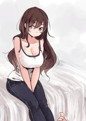 Rule 34 | 1girl, bare shoulders, barefoot, between thighs, blue eyes, breasts, brown hair, camisole, cleavage, closed mouth, hair between eyes, highres, large breasts, long hair, looking away, on bed, original, rucchiifu, sitting, solo