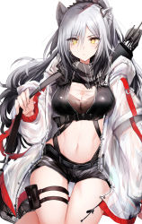 Rule 34 | 1girl, animal ears, arknights, arrow (projectile), belt pouch, black shirt, black shorts, breasts, cat ears, cleavage, closed mouth, cowboy shot, crop top, highres, jacket, kinona, large breasts, long hair, looking at viewer, midriff, navel, ponytail, pouch, quiver, schwarz (arknights), shirt, short shorts, shorts, silver hair, simple background, solo, stomach, strap, thigh strap, thighs, white background, white jacket, yellow eyes