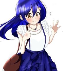 Rule 34 | 1girl, artist name, artist request, bag, blue bow, blue hair, blue skirt, blush, bow, breasts, checkered clothes, checkered skirt, collarbone, dress, female focus, floating hair, frilled sleeves, frills, hair between eyes, handbag, jewelry, long hair, looking at viewer, love live!, love live! school idol festival, love live! school idol project, miniskirt, necklace, parted lips, plaid, plaid dress, plaid skirt, pleated, pleated dress, pleated skirt, short sleeves, shoulder bag, skirt, small breasts, smile, solo, sonoda umi, sweatdrop, wavy hair, white background, white dress, yellow eyes