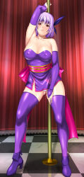 Rule 34 | 1girl, ayane (doa), bare shoulders, blush, boots, breasts, dead or alive, elbow gloves, feet, gloves, hairband, japanese clothes, large breasts, legs, looking at viewer, panties, pole dancing, purple hair, purple legwear, red eyes, sakuranbo, short hair, smile, solo, standing, thighs, underwear