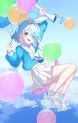 Rule 34 | 1girl, absurdres, arm up, arona (blue archive), balloon, blue archive, blue eyes, blue hair, blue shirt, blue sky, braid, choker, cloud, colored inner hair, commentary request, floating, full body, hair over one eye, hair ribbon, highres, holding, holding balloon, holding umbrella, kenomotsu yukuwa, long sleeves, looking at viewer, midriff peek, multicolored hair, open mouth, pink hair, pleated skirt, ribbon, sailor collar, school uniform, serafuku, shirt, shoes, short hair, side braid, skirt, sky, smile, sneakers, solo, umbrella, white choker, white footwear, white ribbon, white sailor collar, white skirt
