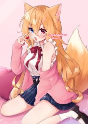 Rule 34 | 1girl, :o, akuo 11, animal ears, belt, blonde hair, blue eyes, blush, cardigan, collared shirt, commission, fang, food, fox ears, fox girl, fox tail, frilled sleeves, frills, fruit, heterochromia, highres, holding, holding food, holding fruit, long hair, mary janes, neck ribbon, off shoulder, open mouth, original, pleated skirt, red eyes, ribbon, shirt, shirt tucked in, shoes, sitting, skeb commission, skirt, sleeveless, sleeveless shirt, socks, solo, strawberry, tail, very long hair, wariza