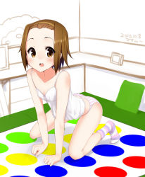 Rule 34 | 1girl, all fours, brown eyes, brown hair, camisole, hairband, highres, k-on!, masamuuu, panties, pillow, round teeth, short hair, socks, solo, striped clothes, striped panties, striped socks, tainaka ritsu, teeth, twister, underwear