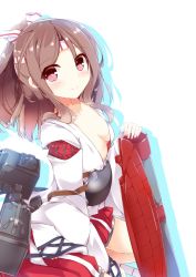 Rule 34 | 10s, 1girl, arrow (projectile), bow (weapon), breasts, brown eyes, brown hair, cleavage, flight deck, fuuna, hachimaki, hakama, hakama pants, hakama shorts, headband, high ponytail, highres, japanese clothes, kantai collection, light brown hair, long hair, machinery, muneate, open clothes, open shirt, pants, quiver, shirt, shorts, sitting, solo, weapon, zuihou (kancolle)