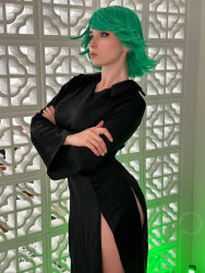Rule 34 | angry, cosplay, crossed arms, dress, green hair, highres, looking to the side, one-punch man, photo (medium), real life, side slit, sweetie fox, tatsumaki, tatsumaki (cosplay)