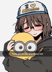 Rule 34 | 1girl, aki (snale), baseball cap, black hoodie, blush, brown hair, despicable me, english text, glasses, hair behind ear, hat, highres, holding, holding stuffed toy, hood, hoodie, minion (despicable me), original, portrait, smile, snale, snapchat, solo, stuffed toy, white background