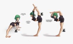 Rule 34 | 1girl, absurdres, anger vein, arched back, ass, barefoot, bike shorts, black shorts, breasts, cleavage, collage, commentary, contortion, crop top, english commentary, english text, flexible, flipped hair, green eyes, green hair, highres, linkartoon, long legs, one-punch man, scorpion pose, short hair, shorts, small breasts, solo, split, spread legs, standing, standing on one leg, straddle split, tatsumaki, toes, watermark, wide spread legs, yoga