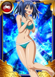 Rule 34 | 00s, 1girl, barefoot, bashoku youjou, bikini, blue hair, breasts, card (medium), cleavage, female focus, hair ornament, ikkitousen, large breasts, legs, looking at viewer, navel, open mouth, purple eyes, short twintails, smile, solo, standing, swimsuit, twintails