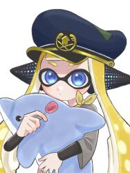 Rule 34 | 1girl, agent 4 (splatoon), blonde hair, blue eyes, blue hat, candy, closed mouth, commentary request, food, grey shirt, hat, highres, holding, holding candy, holding food, holding lollipop, holding stuffed toy, inkling, inkling girl, inkling player character, lollipop, long hair, looking at viewer, mina p, nintendo, shirt, simple background, solo, splatoon (series), splatoon 3, stuffed animal, stuffed dolphin, stuffed toy, tentacle hair, upper body, white background