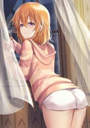 Rule 34 | 1girl, aged up, ass, blush, curtains, from behind, gochuumon wa usagi desu ka?, hair between eyes, highres, hood, hooded sweater, hot chocolate, hoto cocoa, ks (xephyrks), leaning forward, looking back, night, night sky, orange hair, purple eyes, see-through, short hair, short shorts, shorts, sky, smile, solo, star (sky), starry sky, steam, striped clothes, striped sweater, sweater, thighs, wind, window