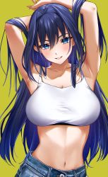 Rule 34 | 1girl, absurdres, armpits, arms behind head, arms up, blue eyes, blue hair, blush, breasts, collarbone, crop top, denim, hair between eyes, hair intakes, highres, hololive, hololive english, jeans, large breasts, long hair, looking at viewer, navel, ouro kronii, pants, parted lips, simple background, smile, solo, sosuke (yrmon), stomach, twitter username, very long hair, virtual youtuber