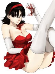Rule 34 | 1girl, black hair, blood, blood on face, blood on hands, blood splatter, blood string, breasts, cleavage, dress, elbow gloves, feet out of frame, gloves, grey eyes, hairband, hand up, highres, hoshi san 3, kirigoe mima, large breasts, looking at viewer, medium hair, parted lips, perfect blue, red dress, red hairband, simple background, solo, strapless, strapless dress, thighhighs, white background, white gloves, white thighhighs
