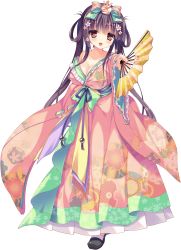 Rule 34 | 1girl, bare shoulders, black hair, blush, breasts, brown eyes, cleavage, folding fan, full body, game cg, hair ornament, hand fan, highres, japanese clothes, kimono, long hair, long sleeves, looking at viewer, love love princess, open mouth, smile, solo, transparent background, tsukimori mio erland, white background, wori