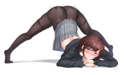 Rule 34 | 1girl, ass, black sweater, blush, brown hair, brown pantyhose, clenched teeth, clothes lift, full body, grey skirt, highres, higuchi madoka, idolmaster, idolmaster shiny colors, jack-o&#039; challenge, long sleeves, looking at viewer, mole, mole under eye, motion lines, no shoes, nose blush, panties, panties under pantyhose, pantyhose, parted lips, pleated skirt, purple eyes, short hair, shougun (chuckni1), simple background, skirt, skirt lift, solo, spread legs, sweater, swept bangs, teeth, thighband pantyhose, top-down bottom-up, trembling, underwear, upskirt, v-shaped eyebrows, white background