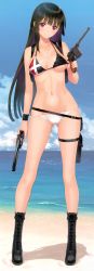 Rule 34 | 1girl, absurdres, ankle boots, beach, belt, belt skirt, bikini, black footwear, black hair, blush, boots, breasts, combat boots, cross, cross-laced footwear, cross necklace, day, dual wielding, full body, gluteal fold, gun, handgun, highres, holding, holster, jewelry, kilmaria aideen, lace-up boots, long hair, looking at viewer, mauser c96, navel, necklace, outdoors, panties, pendant, pistol, red eyes, revolver, scan, shiny skin, shoulder holster, sister blood, skindentation, smile, solo, standing, swimsuit, thigh holster, tony taka, trigger discipline, underboob, underwear, weapon, white panties, wristband