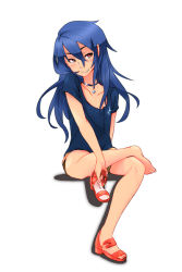 Rule 34 | 1boy, androgynous, bare legs, barefoot, blue hair, blush, collar, collarbone, happy, ichiran, jewelry, long hair, necklace, original, pixiv thumbnail, red eyes, red sandals, resized, sandals, shirt, shoes, shorts, simple background, single shoe, sitting, smile, solo, swept bangs, t-shirt, trap, wavy hair, white background