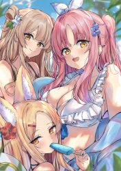 Rule 34 | 3girls, animal ear fluff, animal ears, bikini, blonde hair, blue archive, blush, breasts, cleavage, closed mouth, day, extra ears, flower, food, fox ears, hair flower, hair ornament, halo, highres, holding, holding food, karappo (poket12), large breasts, light brown hair, long hair, looking at viewer, mika (blue archive), multiple girls, nagisa (blue archive), open mouth, outdoors, pink hair, popsicle, purple flower, seia (blue archive), smile, swimsuit, tea party (blue archive), white bikini, white flower, yellow eyes