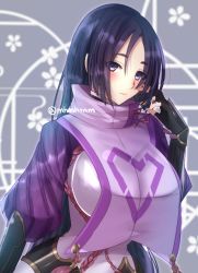 Rule 34 | 1girl, absurdres, black gloves, blush, bracer, breasts, closed mouth, eyes visible through hair, fate/grand order, fate (series), gloves, hair between eyes, highres, japanese clothes, large breasts, long hair, looking at viewer, minamoto no raikou (fate), puffy sleeves, purple eyes, purple hair, short eyebrows, smile, solo, tabard, tanaji, twitter username, upper body