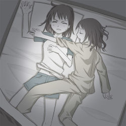 Rule 34 | 2girls, ^ ^, ^o^, annoyed, bed, bed sheet, closed eyes, closed eyes, from above, long sleeves, monochrome, multiple girls, muted color, on bed, original, pajamas, pillow, raglan sleeves, shorts, sleeping, uni (plastic girl), yuri