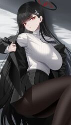 Rule 34 | 1girl, absurdres, black hair, black jacket, black skirt, blue archive, breasts, brown pantyhose, halo, highres, jacket, large breasts, leavv, long hair, long sleeves, looking at viewer, lying, off shoulder, on side, open clothes, open jacket, pantyhose, pleated skirt, red eyes, rio (blue archive), skirt, solo, sweater, thighs, turtleneck, turtleneck sweater, white sweater