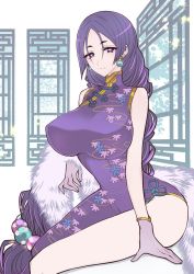 Rule 34 | 1girl, bare shoulders, braid, breasts, china dress, chinese clothes, dress, earrings, fate/grand order, fate (series), gloves, highres, jewelry, large breasts, long hair, looking at viewer, minamoto no raikou (fate), minamoto no raikou (traveling outfit) (fate), parted bangs, purple dress, purple eyes, purple gloves, purple hair, side slit, single braid, sitting, smile, solo, suzukimadaka, thighs, very long hair