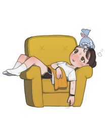 Rule 34 | 1girl, blush, brown eyes, brown hair, child, couch, fever, full body, highres, ice, lying, open mouth, opossumachine, original, shirt, simple background, socks, white background, white shirt, white socks, wristband
