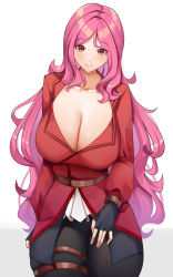 Rule 34 | 1girl, blush, breasts, cleavage, collarbone, commission, copyright request, cowboy shot, cromwellb, curvy, fingerless gloves, gloves, highres, huge breasts, large breasts, long hair, long sleeves, looking at viewer, pink hair, pixiv commission, smile, solo, thick thighs, thighlet, thighs, very long hair