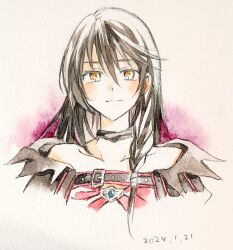 Rule 34 | 1girl, belt, black hair, closed mouth, collarbone, commentary request, dated, dot nose, enoki kino, eyelashes, hair between eyes, highres, long hair, smile, solo, tales of (series), tales of berseria, upper body, velvet crowe, white background, yellow eyes