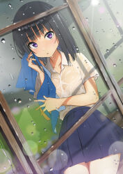 Rule 34 | 1girl, :o, bare arms, black hair, blue towel, blush, bra visible through clothes, breasts, collarbone, crotch outline, furuyama itaru, light blush, looking at viewer, medium hair, open mouth, original, purple eyes, rain, see-through, shirt, short sleeves, skirt, small breasts, solo, thighs, towel, wet, wet clothes, wet shirt, white shirt, window